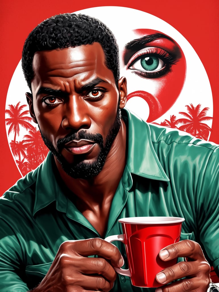 Miami black man holding a red cup eye-catching poster-style drawing and illustration representing the iconic pulp style.