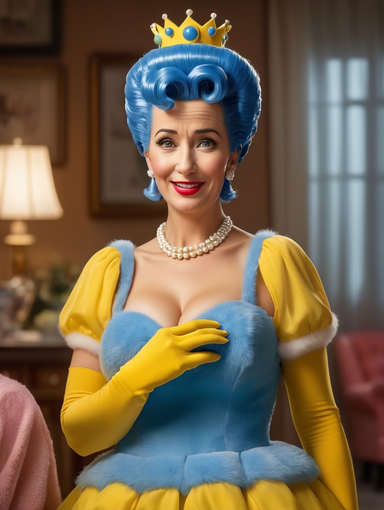 Photorealistic, Photograph of woman in a Marge Simpson costume, Simpsons TV haute couture, 1950s housewife, hirsute, magic, dream sequence, vibrant, hyper-realistic photograph, dreamlike figure, etherial figure, higher consciousness, shot with Canon EOS R5 RF 100mm F2. 8L MACRO IS USM,