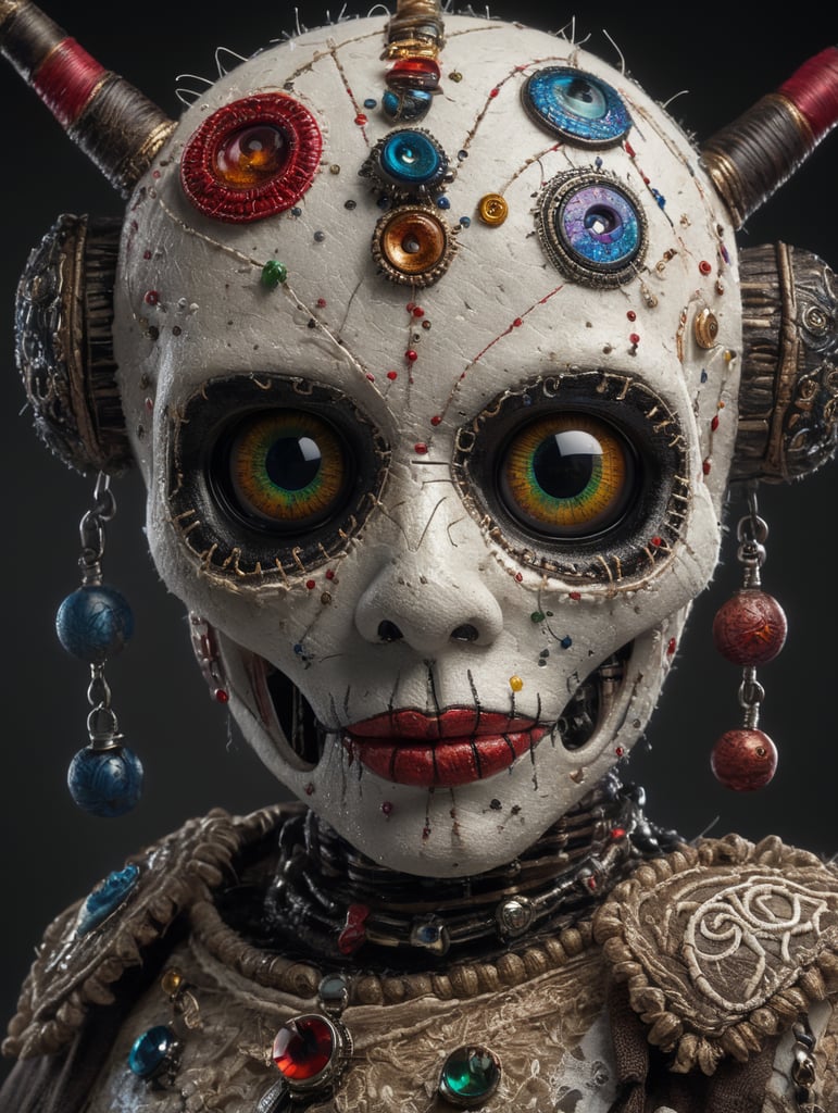 white background voodoo doll basic pins eye buttons stitched