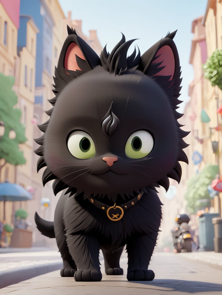 petit chat noir ébouriffé rock badass punk se promenant dans la ville rendu 3d style pixar