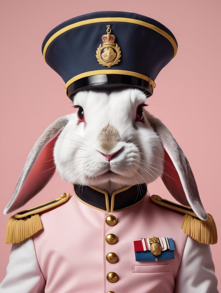 Portrait of a rabbit in a hat and uniform of beast trainer, made in a realistic style on a uniform pink background