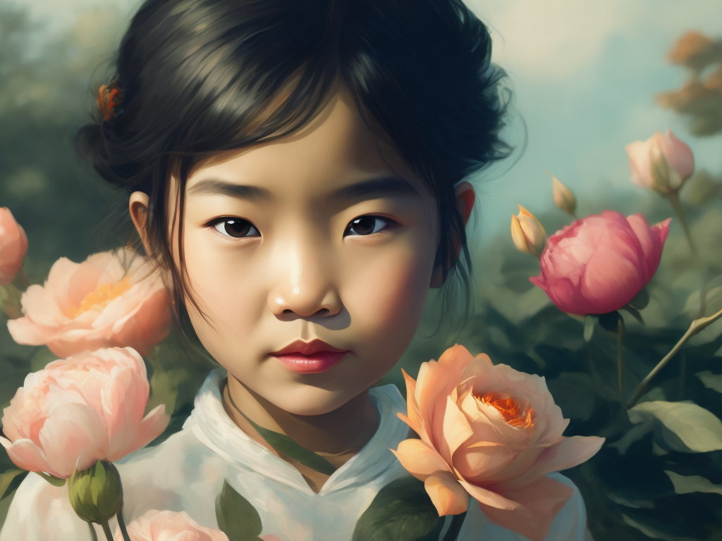 asian happy little girl in a victorian dress, selling flowers in 1930s Paris, street is visible, peonies, roses, lilies, soft pink and pastel cyan colours, cinematic style, hand coloured vintage photograph, sunny day, high resolution, sharp image