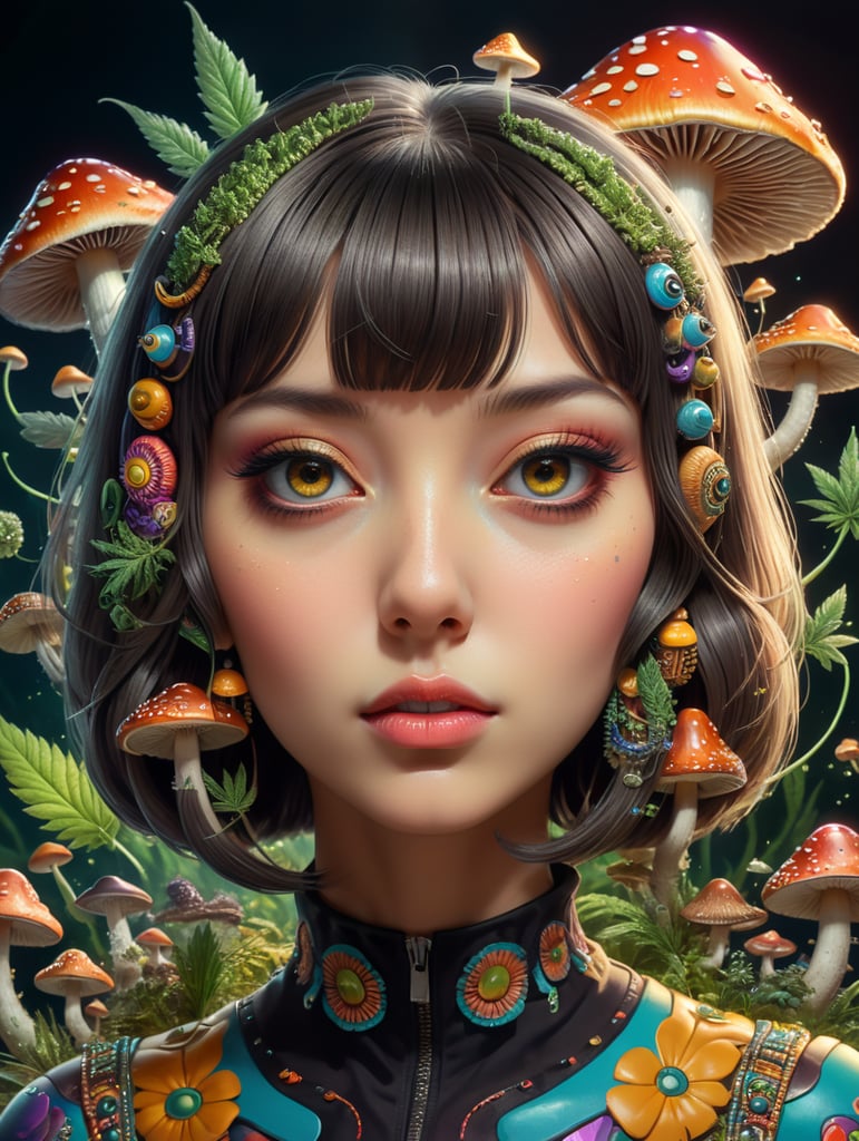 kawaii cartoon style psychedelic with mushrooms & cannabis coming from the mind. hairstyle bangs with bob