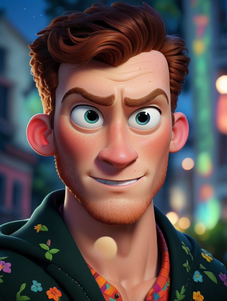 Beautiful ginger man with freckles, wearing a colorful, vibrant, detailed embroidered jacket, medium-full shot, at night