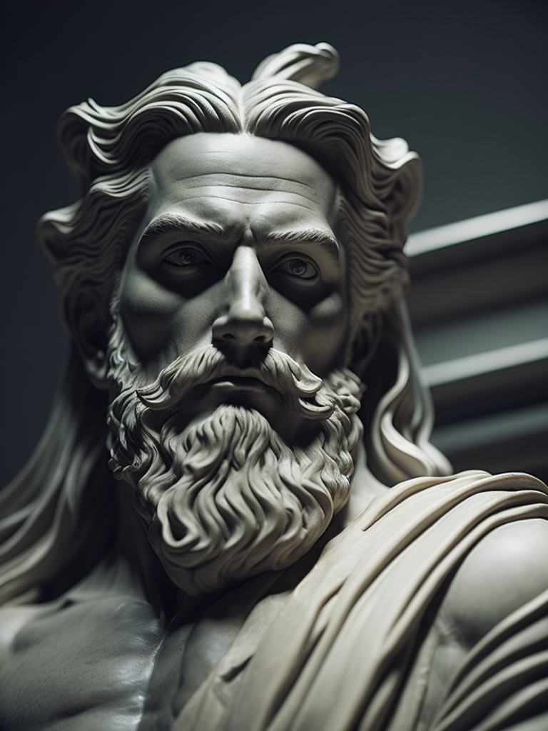 dark marble statue of zeus, dark atmosphere, sharp on details, tee shirt white