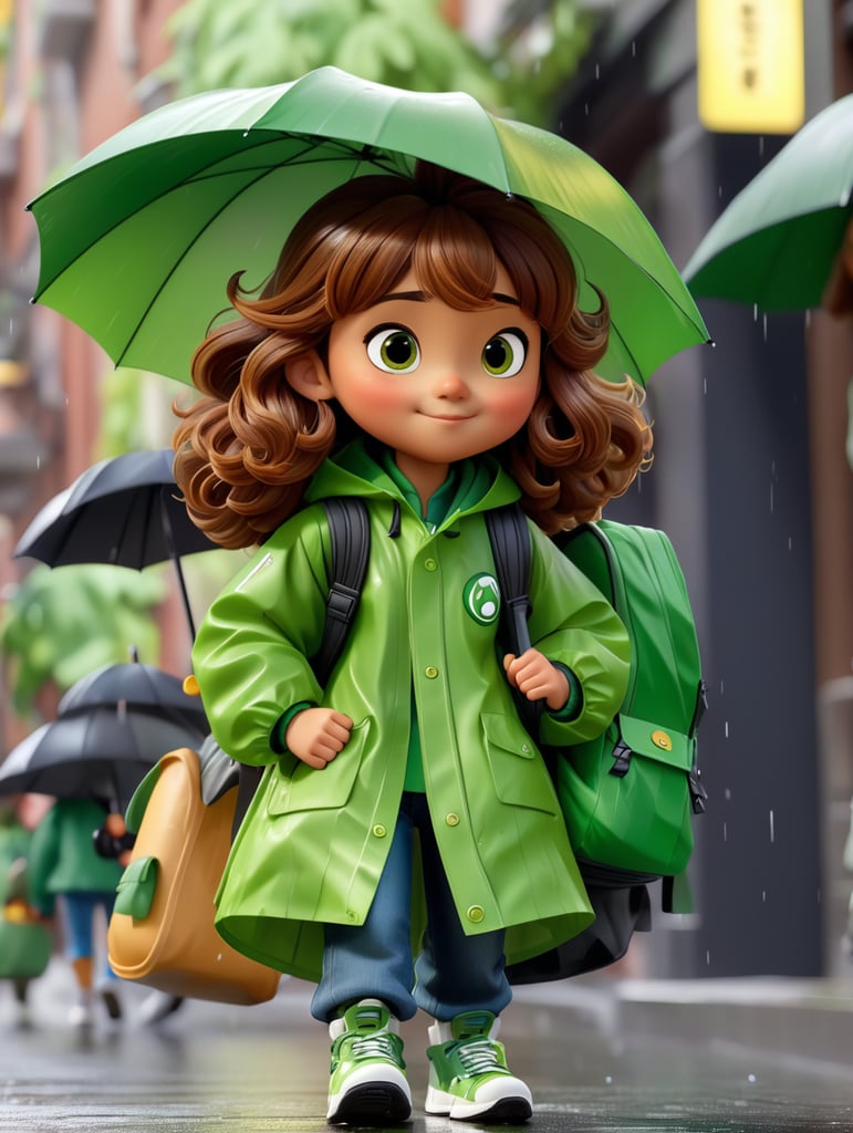 Chica caminando por la calle. Está de espaldas. Melena costa ondulada, color marrón. Viste un chubasquero largo, color verde con capucha, jeans y zapatillas deportivas. Lleva una mochila verde en la espalda. Tiene un paraguas negro abierto y llueven billetes de euros.