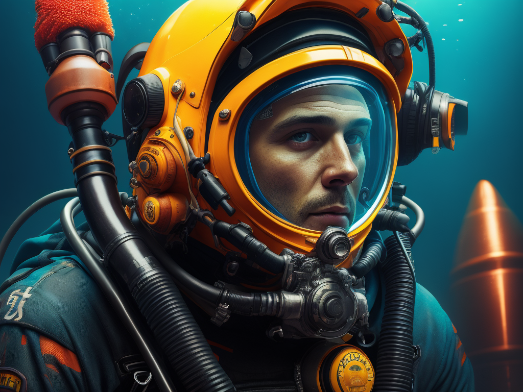 Portrait of commercial diver wearing a Kirby Morgan helmet, ultra realism, super detailed, neon colors, magazine cover, professional shot, magazine photography, bright saturated colors, sharp focus, highly detailed
