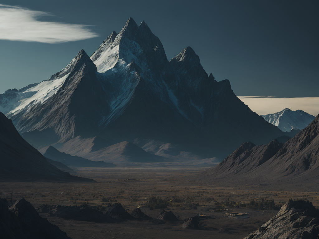 silver futuristic mountain with yellow sky and blue moon, art style, science fiction background