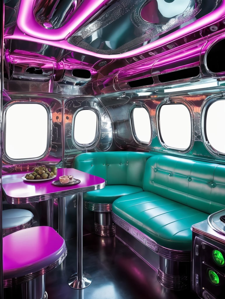 Futuristic alien Airstream camping trailers, steampunk and neon, cyber technology