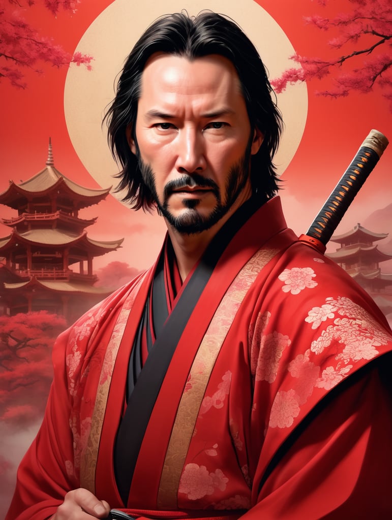 Portrait of Keanu Reeves as a samurai in a red kimono, serious look, detailed background in an oriental style, bright saturated colors