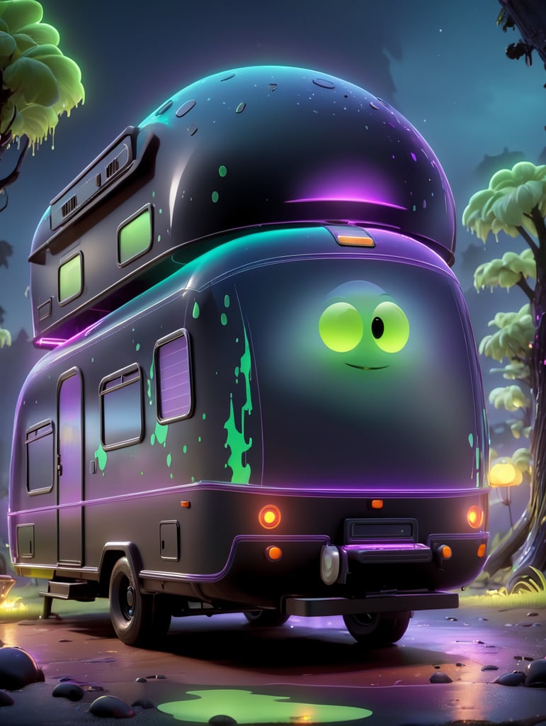 Alien camping trailer made of black alien liquid, translucent with neon lights, liquid dripping from the trailer, dark atmosphere