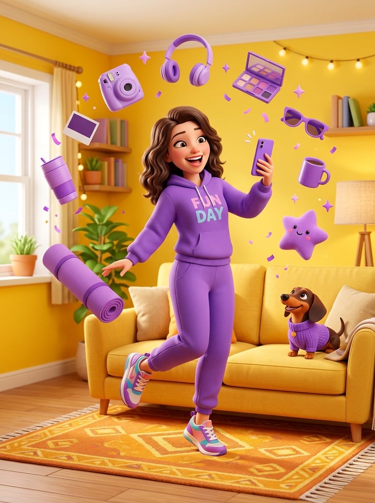 Vibrant 3D render of a joyful woman in a purple tracksuit holding a smartphone amidst floating purple lifestyle items. She poses in a bright yellow room featuring a yellow sofa, orange rug, and a dachshund in a matching sweater. Smooth plastic textures and bright studio lighting.