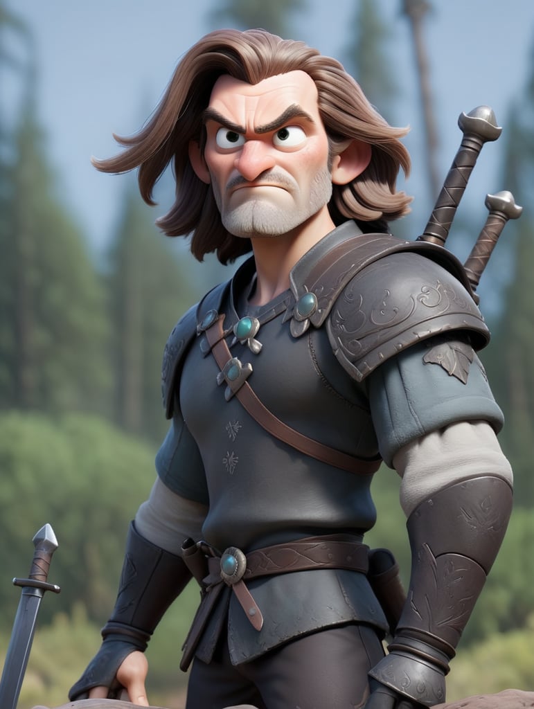 The witcher. A tall man with ashen long hair and two swords on his back