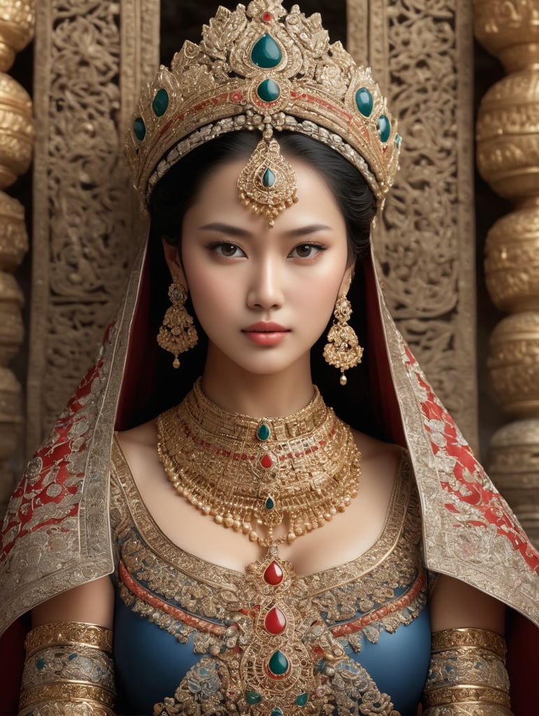 In vivid detail, this image showcases a female figure, captured in a meticulously crafted photograph. The subject exudes natural beauty, with every pore and imperfection of her skin texture revealed. She stands majestically, donning traditional or ceremonial attire that has been intricately adorned. The image portrays her from head to toe, allowing viewers to appreciate the fullness and grandeur of her appearance. The photo is rendered with such remarkable precision and clarity that every intricate detail can be easily observed. With its extraordinary level of detail, this image truly immerses the viewer in the exquisite beauty and cultural richness of the subject.