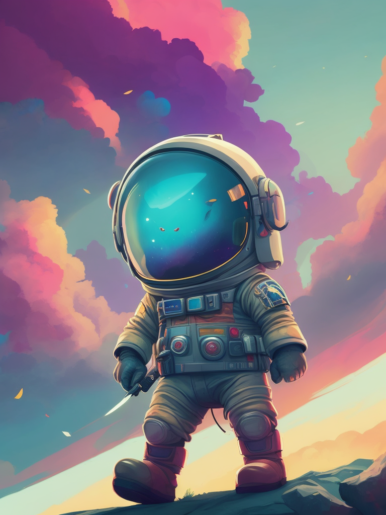 Highly detailed portrait of a cute little astronaut. he has a bright and cheerful color scheme, featuring a mix of pastel blues, pinks, and purples, standing with his arms folded holding a toy sword, surrounded by a swirl of energy. the background is a colorful cartoon landscape, with fluffy clouds and a rainbow. the background is a stark, metallic landscape, with a futuristic cityscape visible in the distance. by atey ghailan, by eduard hopper, by greg tocchini, by james gilleard, grunge aesthetic graffiti