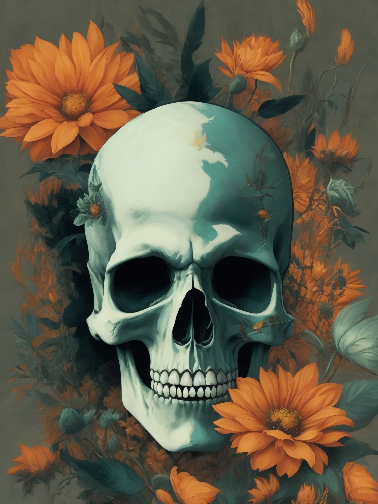 vector art of skull and flowers in the background, inspired by Japanese tattoo