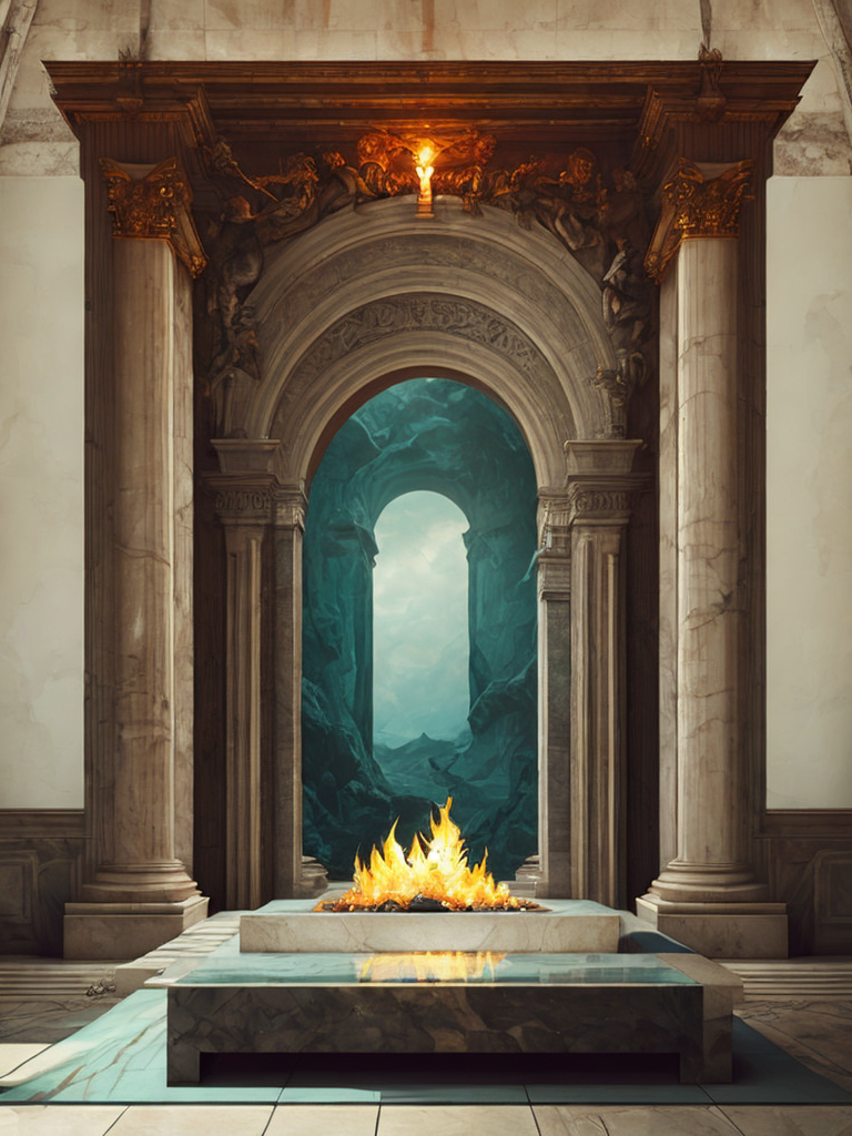 An altar of marble and fire in the greek style in olympus, hyperrealistic