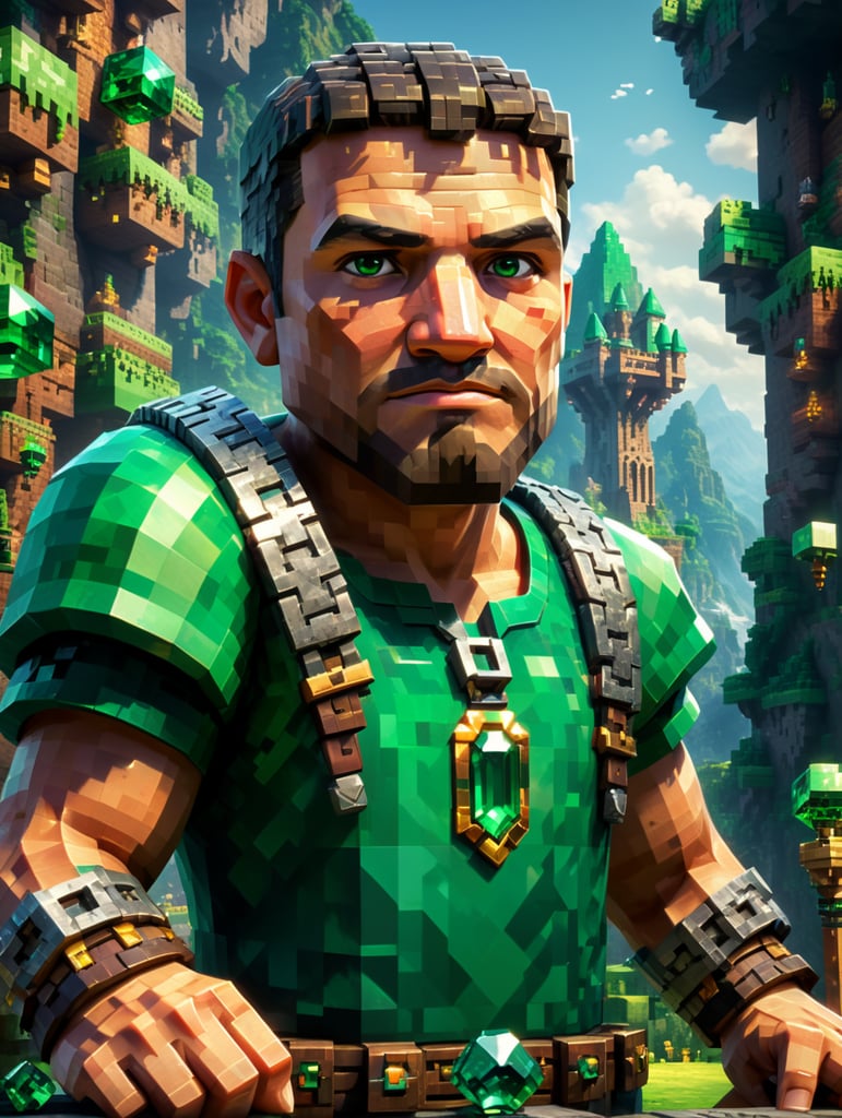 Minecraft character villager which trading with emeralds, pixel style, blocks, vibrant colors, clear details