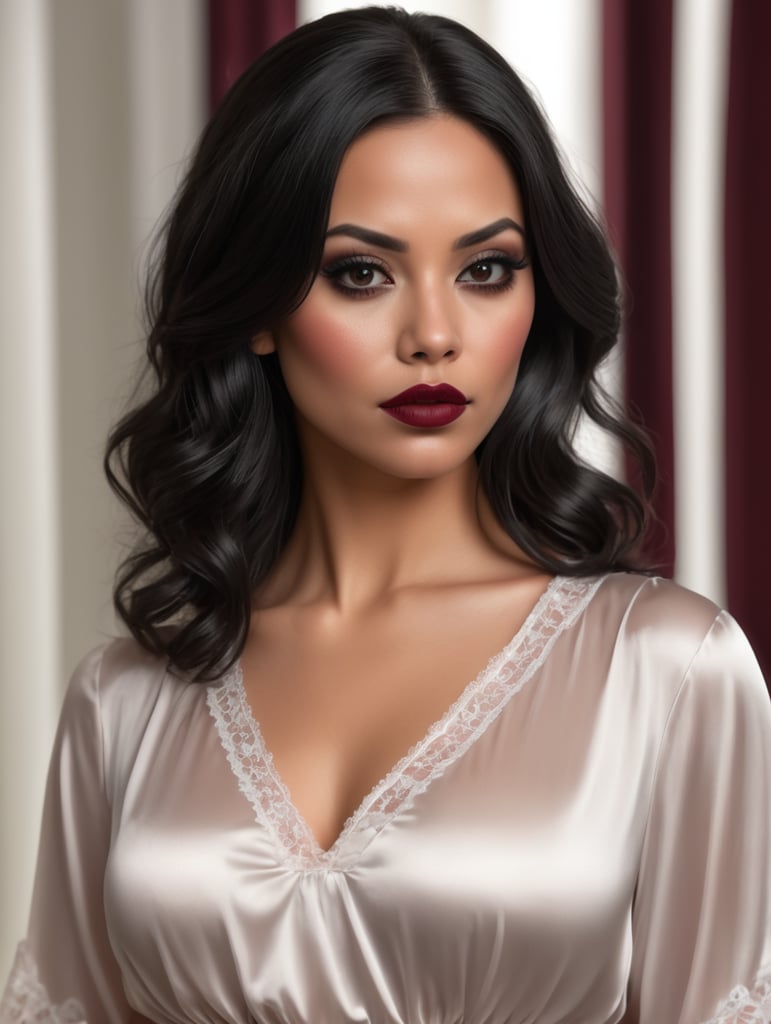 Photorealistic image of a woman in her 30's. She has medium length, wavy black hair. She is wearing black eyeshadow and thick eyeliner. Her lips are painted with dark red lipstick. She is wearing a short, white, satin nightgown. The image must show her entire body.