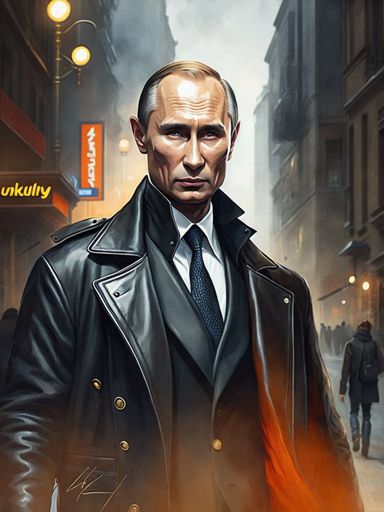 Vladimir Putin as model Balenciaga in a long black leather coat walking down the catwalk, high definition, photography, cinematic, detailed character portrait, detailed and intricate environment, detailed and intricate environment.