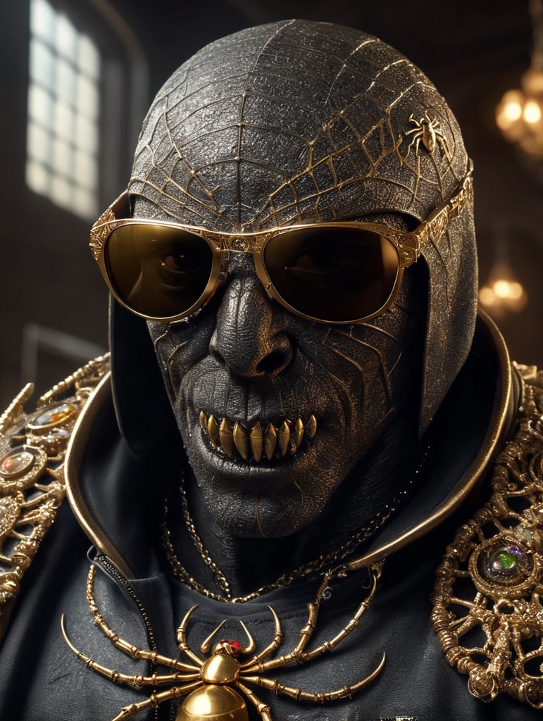 Eine ekelhafte Spinne, die eine Sonnenbrille,Goldschmuck und einen Trainingsanzug trägt