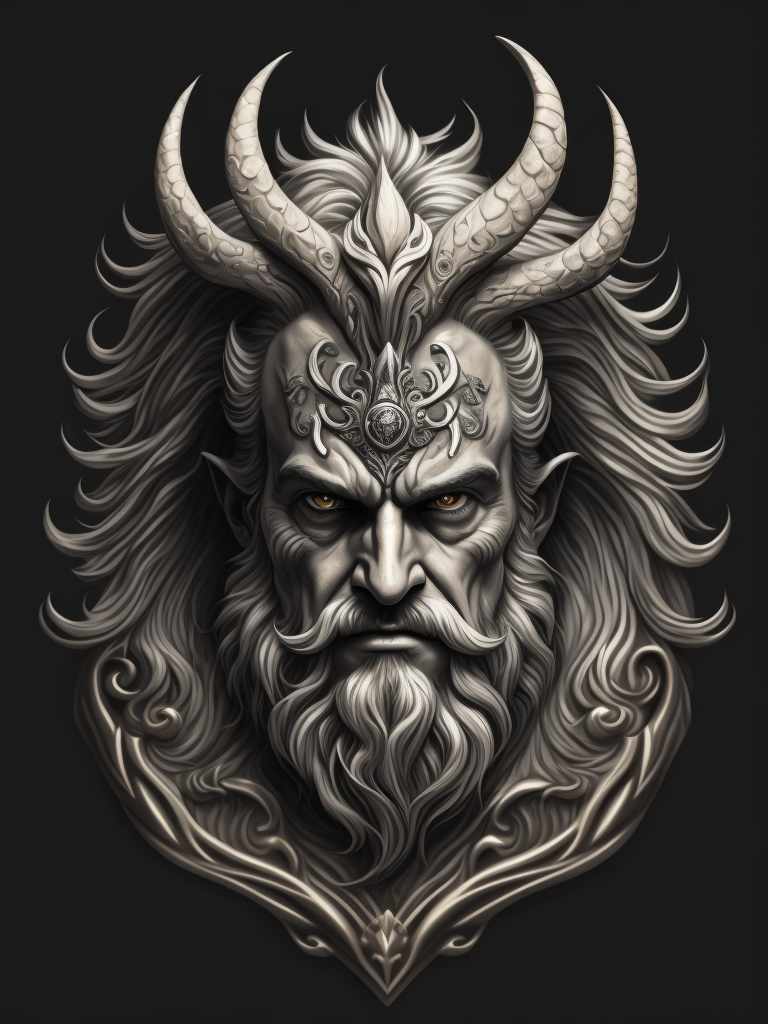 A vector art of a Poseidon head tattoo, black and white