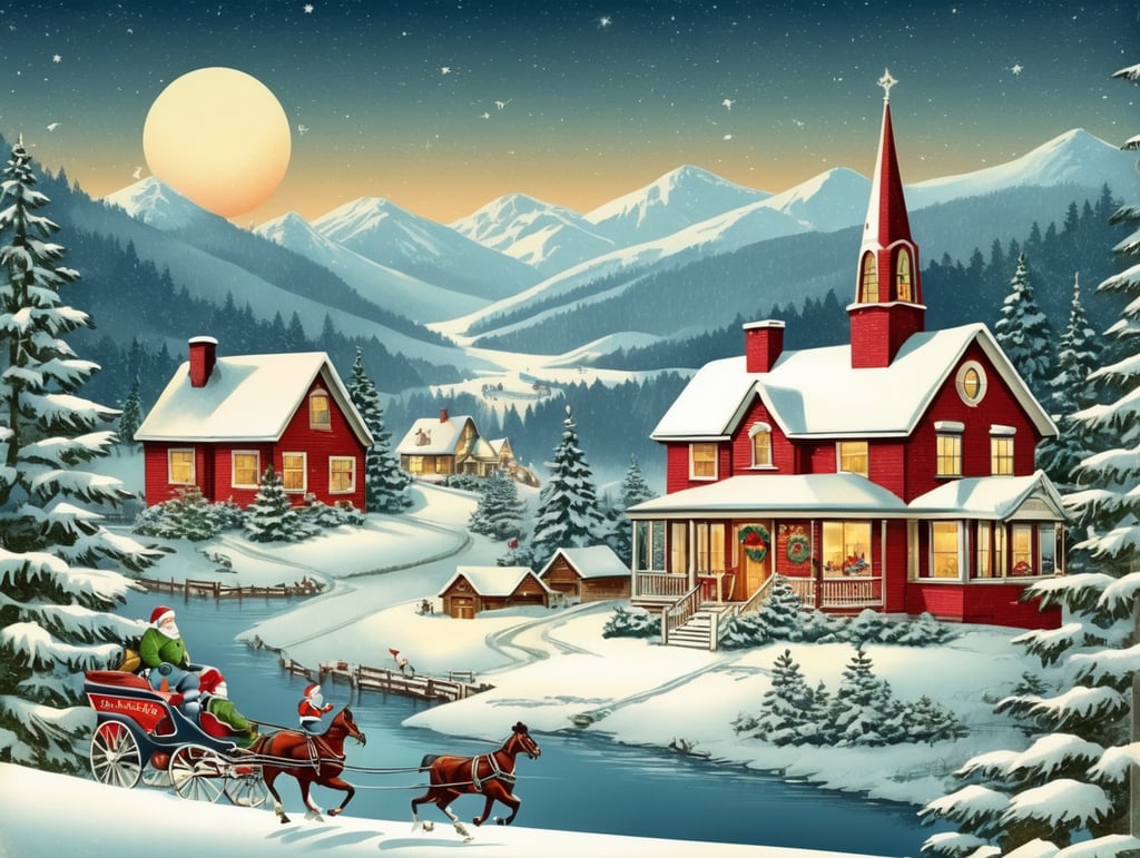 vintage Christmas postcard illustration, vector art