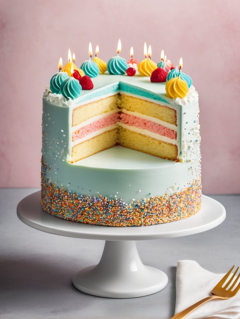 A slice of a delicious, frosted birthday cake with a decorative design