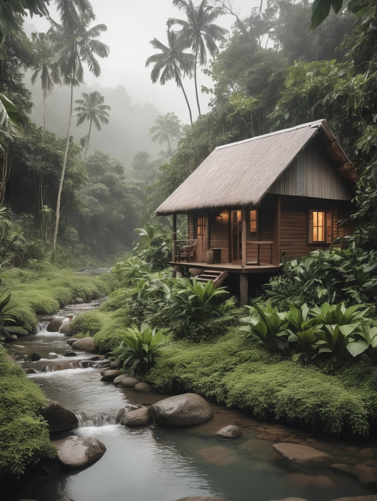 Beautiful small cabin in the jungle with a small stream nearby
