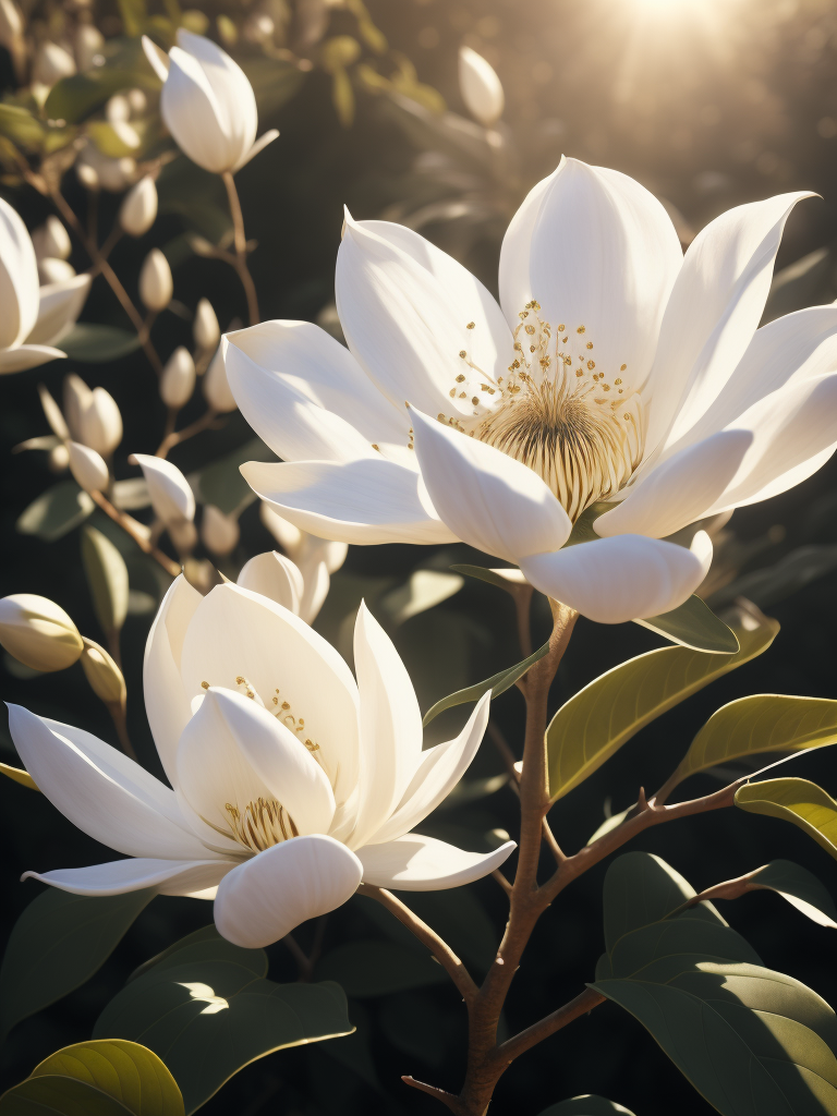 цветы магнолия белая, светит солнце в саду