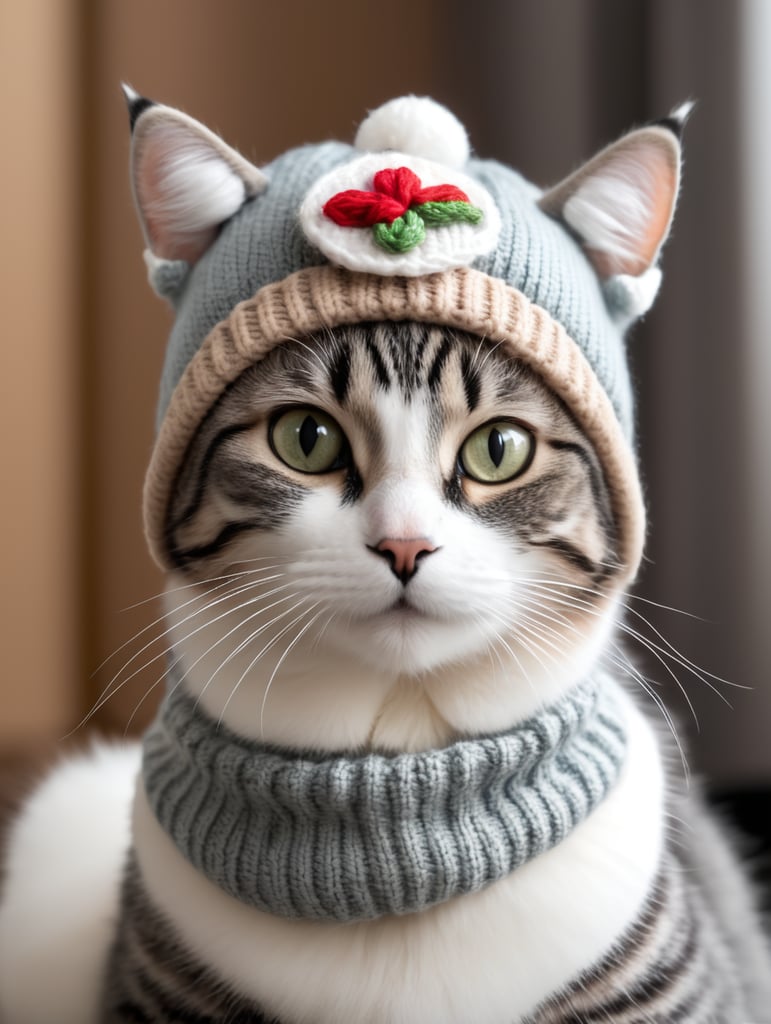 A cute cat dressed up wearing a knit Yoshi hat