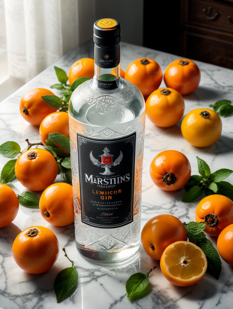 professional photo of a gin bottle on a white marble table surrounded by lemons, persimmons and mint, natural light