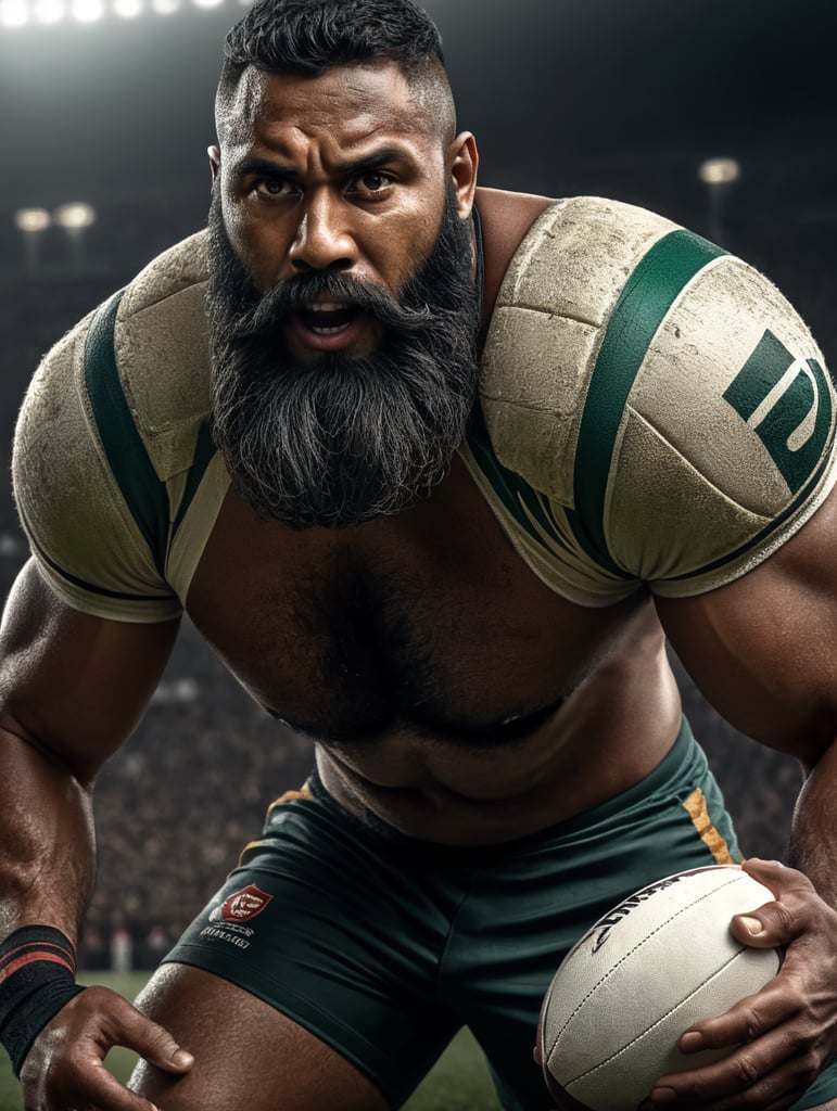 Fijian Rugby Player with long beard holding rugby ball, action pose