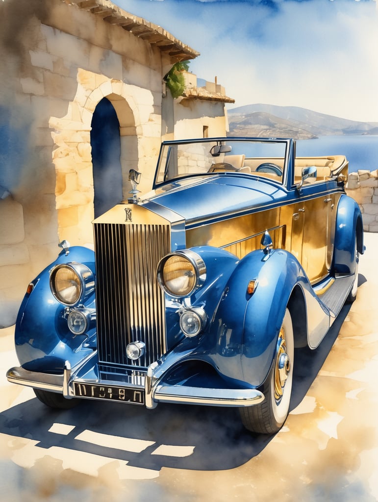 Blue and gold convertible Rolls Royce in a shaft of sunlight in Greece in watercolour style