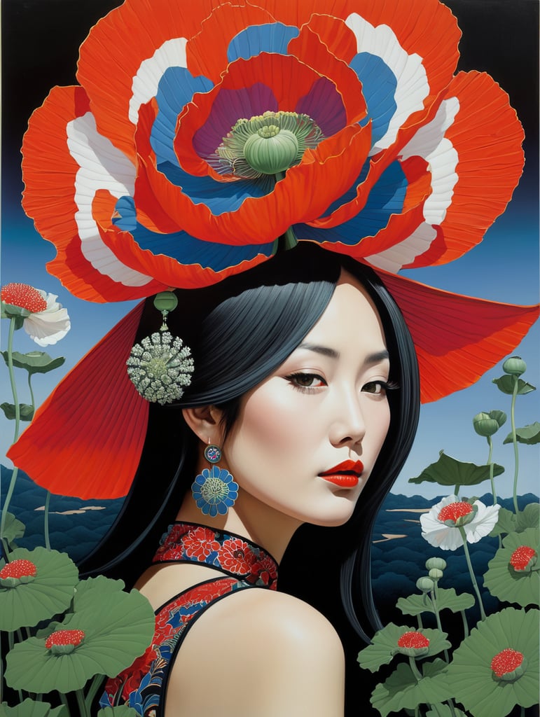 Hiroshi Nagai, ultrafine detailed painting of a woman with a n opium poppy flower in her hair, whimsical, detailed painting