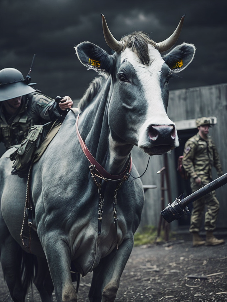 A cow in a us military uniform with an m16 in his hand is fighting