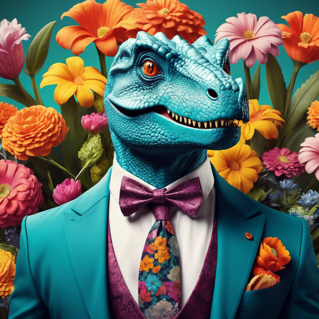 t-shirt design of a dapper dinosaur and flowers, detailed, vintage, playful, vivid color, photoshoot, Cinematic, Color Grading, hyper-detailed, intricate details