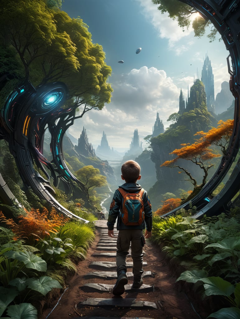 backside of a child reaching out to nature with futuristic color scheme, 4k photographic image