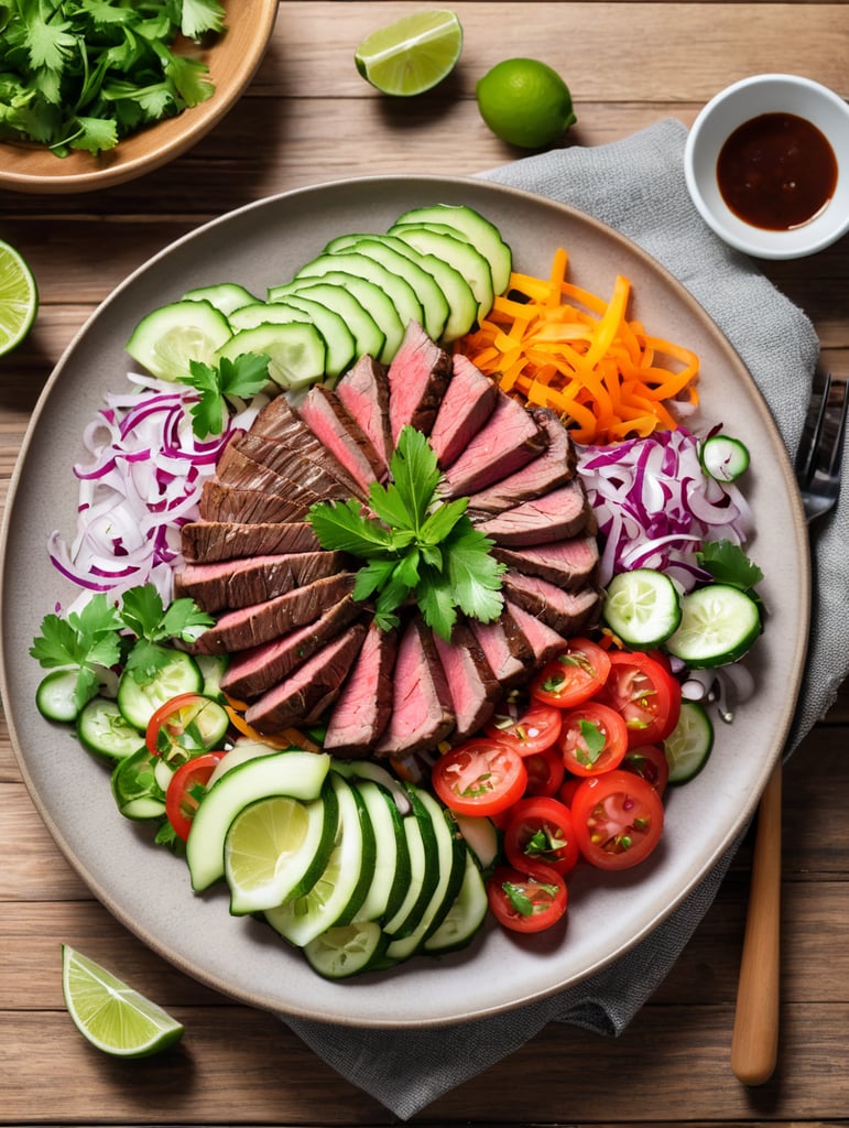 Thai Beef Salad (Yam Nua), small plate on a wooden table, Description: A zesty Thai salad featuring grilled beef, mixed with fresh herbs, cucumber, red onion, and tomatoes, and dressed with a tangy lime dressing.