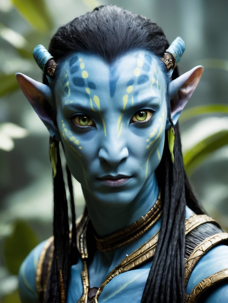 a Na'vi from james camerons "Avatar" looking at the camera