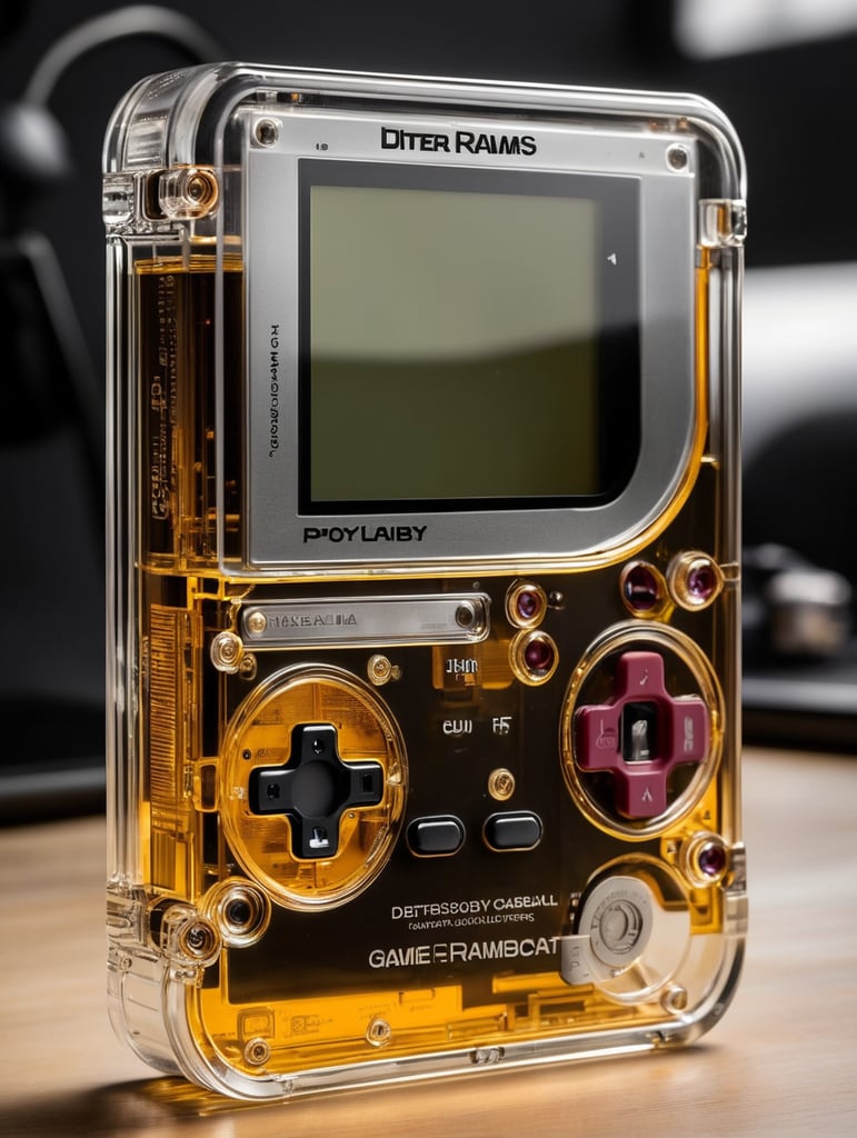 A see through polycarbonate game boy designed by dieter rams. industrial design inspiration. unreal engine render, natural lighting, on desk, beautiful shot