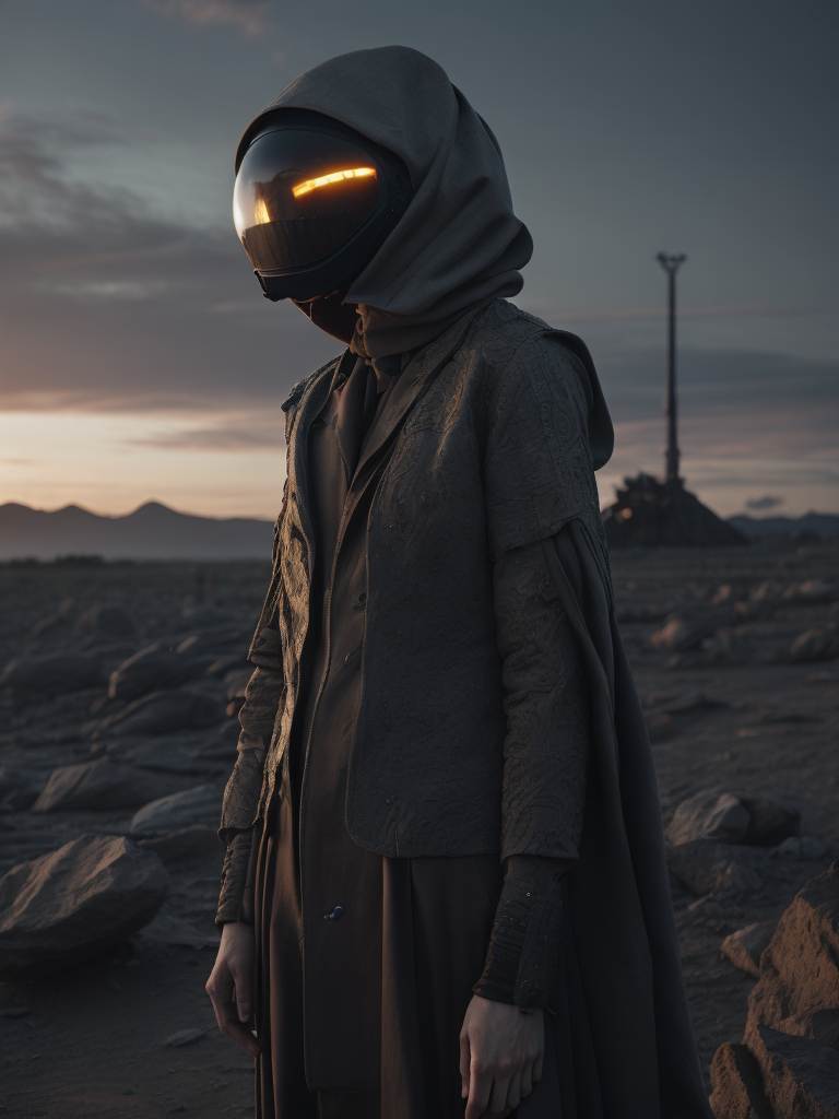 an professional high fashion portrait studio on a tarot card of an epic, masterpiece, alien friendly standing on moon wearing a high fashion dress and a neon visor in an black rock environment at dawn with a galactic black hole, expansive:2 hyper realistic, 8k, raytracing, close shot, cinematic look, avant garde fashion look, luxury, elite, cinematic, designer fashion, Alexander McQueen, Rick Owens, Yohji Yamamoto Y3, Balenciaga, Burberry