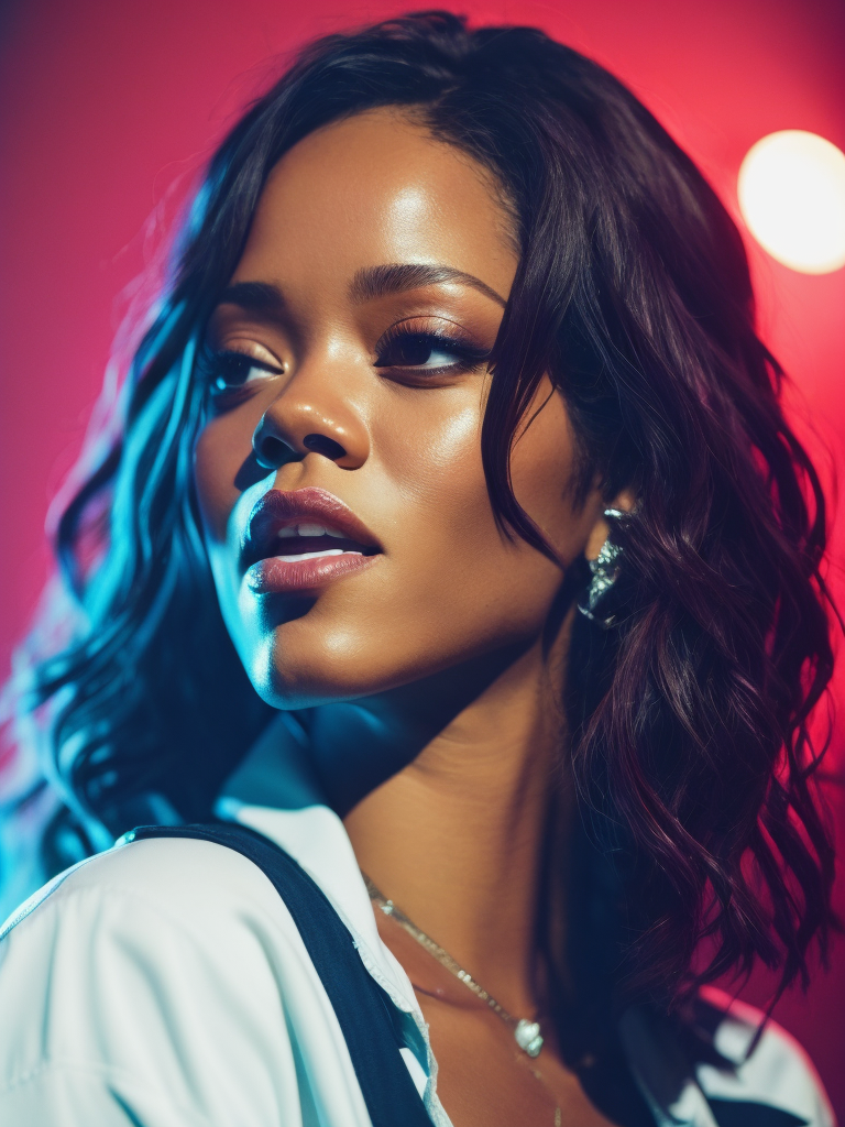 Singer Rihanna sings at a concert, spotlights, bright lights, Vivid saturated colors, Contrast light, professional photo, Detailed image, detailed face,