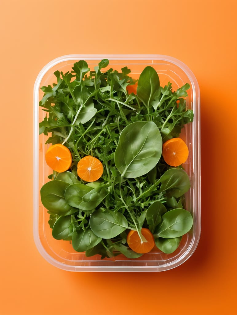 blank Transparent Plastic Container with Arugula Salad, isolated, orange background, Mockup, mock up