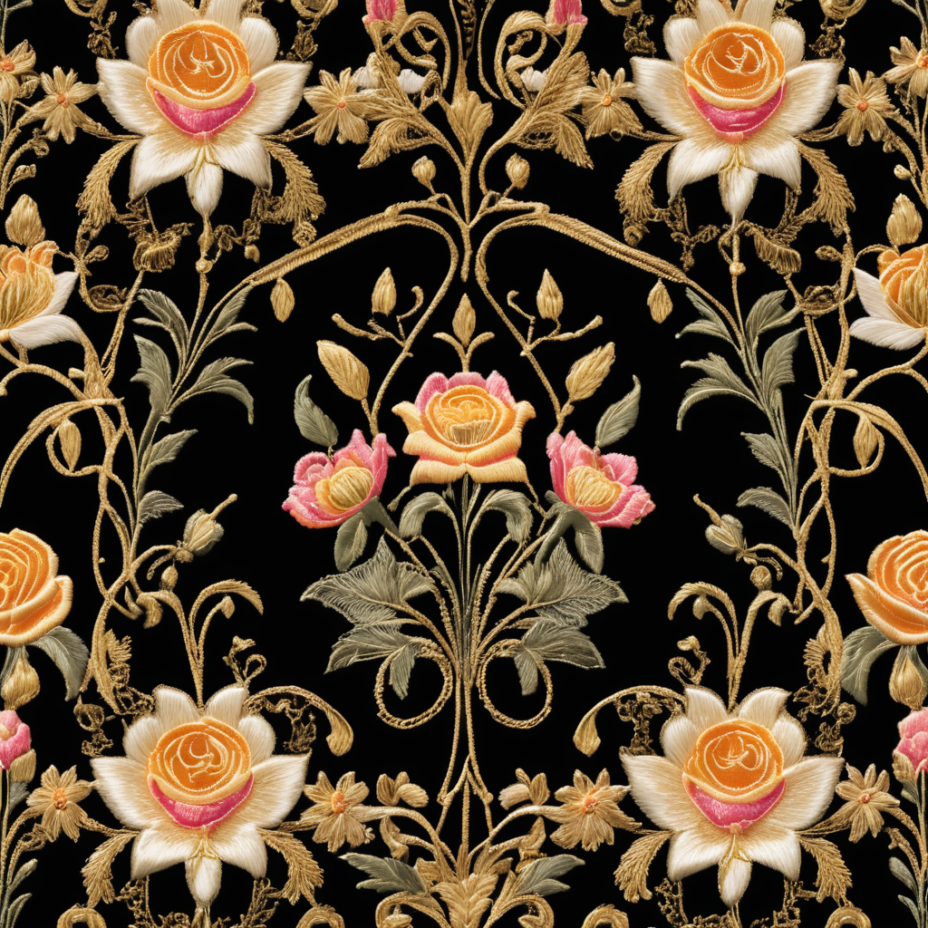 image of an embroidery in metallic gold thread, representing roses and lilies, Sevillian Baroque style, typical of Holy Week in Seville, on a luxurious black cloth, with discreet shadows and volumes, surrounded by a frame of natural wild flowers, embroidered in silk thread, bright and cheerful colours, very detailed, sharp focus, spectacular lighting, depth of field, photographic quality, high resolution, graphic design style, cultured, elegant, fashionable,