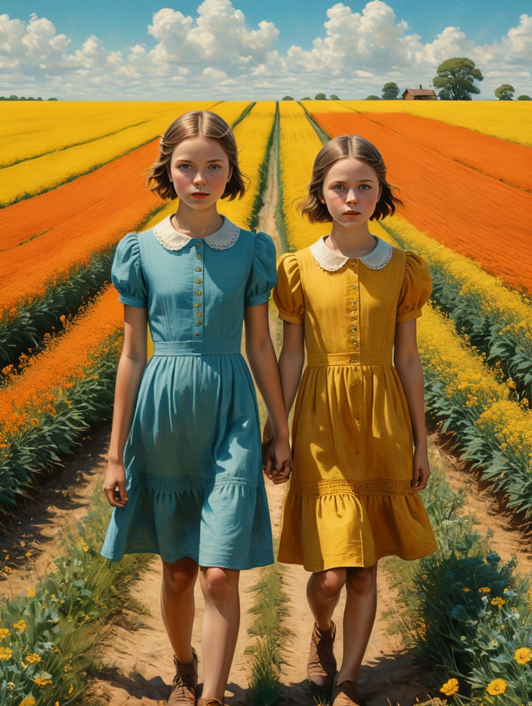 Vintage portrait of two girls wearing a simple dress in a yellow field, clear blue sky, complementary colors, Wes Anderson style, Incredibly high detail, Muted colors, turquoise color, orange color, red color