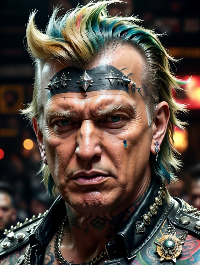 Donald Trump as a punk rocker, full face, tattoos, piercing