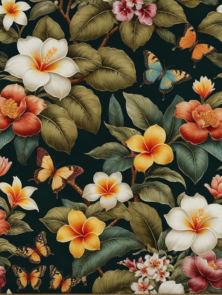 Oriental luxury floral patterns in the style of Balinese and Peranakan culture::1 trailing blousy Frangipani blooms::1.25 fabric [1 butterfly flying on a tree, Frangipani, botanical mango leaves, oriental floral] prints::5 opulent florals with an Indienne twist::olive colour:1 ostentatious feminity::1 repeating seamless pattern::4 patternbank::1 wide angle::2::flemish baroque::rococo --no watermark, text --v 4