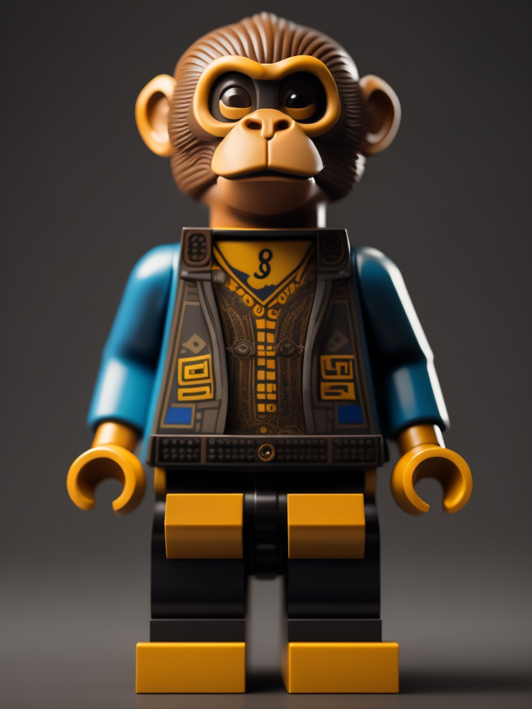 monkey lego figure style, gradient background, Vibrant colors, Depth of field, Incredibly high detail, 8k, full body