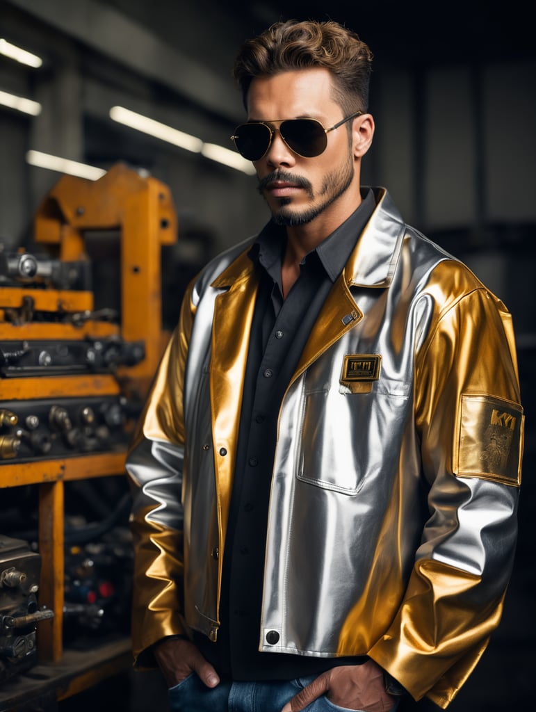 a Welder Jacket, futurist, mechanic, gold, silver, shot on leica, fashion portrait, by kith